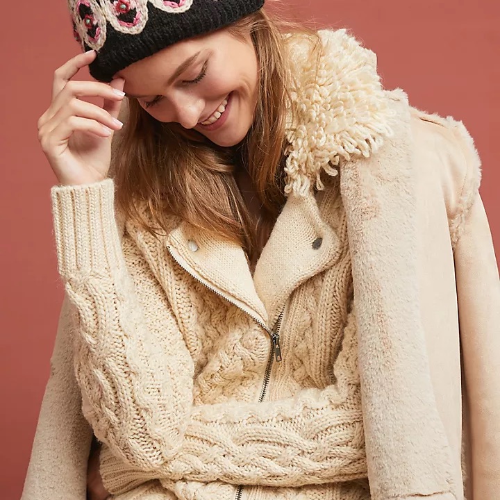 Anthropologie Cream Cable-Knit Wool Blend Zip Sweater
